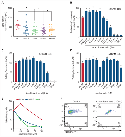 Lower FA uptake promotes proliferation, whereas higher FA uptake results in lipotoxicity through a ferroptosis pathway. (A) AA concentration (nanograms per milliliter) in BM supernatant of patients with MGUS (n = 14), SMM (n = 12), NDMM (n = 22), and RRMM (n = 17) and healthy controls (HD) (n = 7) measured by using an enzyme-linked immunosorbent assay. (B) Dose-dependent effect of AA on cell proliferation in myeloma cell line 5TGM1 quantified by CyQUANT assay after 72 hours of treatment. (C) Effect of AA on cell viability in myeloma cell line 5TGM1 assessed by CellTiter-Glo Assay after 72 hours of treatment. (D) Cell viability of 5TGM1 cells in the presence of linoleic acid assessed by Cell Titer Glow assay after 72 hours of treatment. (E) Effect of AA on human (H929, MM1S, and U266) MM cell proliferation at higher concentrations after 72 hours of treatment. (F) Flow cytometric analysis of lipid peroxidation measured by BODIPY-11C fluorescence in MM.1S after exposure to 100 μM AA for 24 hours. (G) Tumor plasmacytoma model in SCID mice was generated. MM1S (2.5 × 106) cells were injected subcutaneously in the intra-scapular region of mice (n = 10 per group), and the tumor treated with AA (500 μg/g). Tumor growth kinetics is represented for a period of 41 days. PBS was used as vehicle and control. (H) Expression of proliferation marker Ki67 in tumor tissues was determined by immunohistochemistry for groups treated with vehicle and AA (500 μg/g). (I) Apoptosis-inducing AA-signaling pathways in MM cells were investigated. Inhibition of different AA metabolic pathways in MM.1S cells were investigated by using ibuprofen, baicalein, BW B70C, 1-aminobenzotriazole, and ferrostatin; relative cell viability was measured by using an MTT assay. (J) Flow cytometric panel representation of GPX-4 and Lipid ROX modulation by AA and relative recovery by ferrostatin. Data are presented as mean ± standard error of the mean. *P < .05. DMSO, dimethyl sulfoxide.