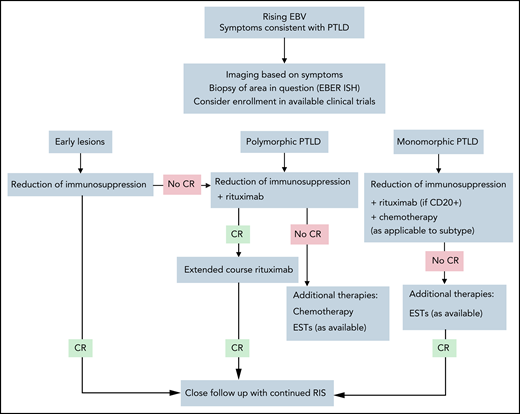 Algorithm for the treatment of PTLD. Early clinical trial enrollment is pertinent to expand accessibility of treatment options. Reduction in immunosuppression (RIS; as tolerated to limit risk of GVHD or graft rejection) is an initial method of controlling EBV-associated PTLD. Rituximab should be initiated in both polymorphic and monomorphic PTLD, with evidence that complete response (CR) to rituximab alone should be treated with an extended course of rituximab. Without response to rituximab, chemotherapy should be added to the treatment regimen as well as the administration of ESTs (as available in clinical trials). ISH, in situ hybridization.