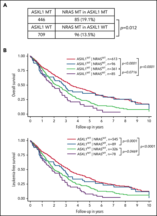 Concurrent NRAS and ASXL1 mutations associate with poor prognosis in CMML. (A) Percentages of CMML patients with NRAS mutation in patients with MT or WT ASXL1 are shown. P value was determined using the χ2 test. (B) Overall survival and leukemia-free survival of CMML patients stratified on the basis of ASXL1 and NRAS mutation status. P values were determined using the log-rank test.