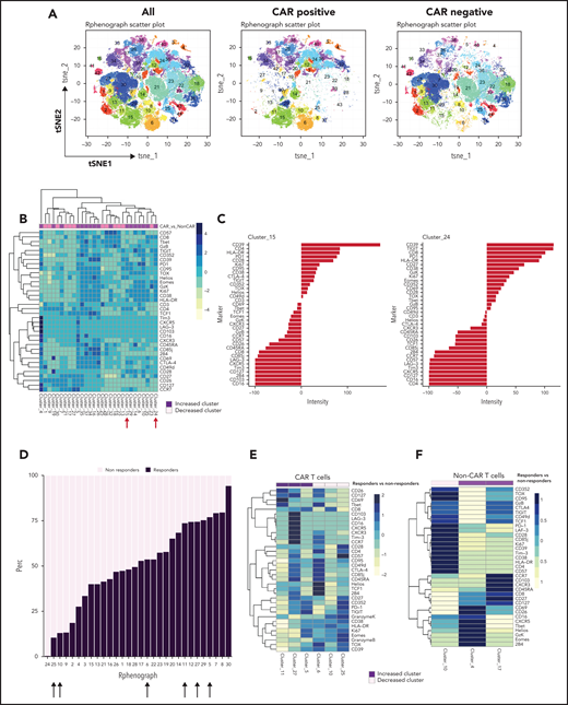 Immune profiling of CAR T cells and non–CAR T cells in peripheral blood. (A) t-SNE plots of all T cells, CAR T cells, and non–CAR T cells using phenograph analysis. (B) Heatmap showing the composition of the 29 clusters of T cells most different in proportions in CAR T cells compared with non–CAR T cells. Arrows indicate clusters significantly different. Each cluster is a column. Clusters increased in CAR T cells are topped by a purple bar. Clusters decreased in CAR T cells are topped by a pink bar. (C) Composition of cluster 15 and 24 T cells after marker normalization. (D) Stacked bar plot of relative contribution of each group in each cluster (x-axis) vs fraction of cells in that cluster from each group (y-axis). All the CD3 T cells from all patients within a group were combined, and the percentage of total cells contributed to each cluster by each group was calculated and displayed on the y-axis (ie, 50% of cells in cluster X are from the nonresponders group; sum of contributions from the 2 groups for each cluster equals 100%, and each group is displayed in a different color). The clusters (listed on the x-axis) were ordered by relative abundance of responders CD3 T cells. Arrows highlight key clusters that are significantly different (further shown in panel B). (E) Heatmap showing the composition of the 6 clusters of CAR T cells significantly different in proportions in responders compared with nonresponders. Each cluster is a column. Clusters increased in responders are topped by a purple bar. Clusters decreased in responders are topped by a pink bar. (F) Heatmap showing the composition of the 3 clusters of non–CAR T cells significantly different in proportions in responders compared with nonresponders. Patients with clinical benefit (CR, PR, SD) at 3 months are grouped as responders, and patients with PD at 3 months are grouped as nonresponders (n = 11).
