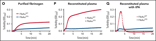 Altered clotting with Fga270/270 plasma and FibAα270 protein. (A) TT, (B) PT, and (C) APTT of FgaWT/WT, FgaWT/270, 10% FgaWT/WT, Fga270/270, and Fga−/− mice (n = 4-6 per genotype). Kaplan-Meier analysis was used to determine statistical significance. (D) Turbidity analysis of FgaWT/WT, FgaWT/270, 10% FgaWT/WT, and Fga270/270 plasma (n = 3-6 per genotype). (E) Representative thrombin generation curves and (F-I) associated parameters, and (J) representative plasmin generation curves and (K-N) associated parameters (n = 3-4 per genotype). One-way ANOVA was used to determine statistical significance. Turbidity analysis using (O) 2 mg/mL of purified FibAαWT and FibAα270 fibrinogen in buffered system and 1 mg/mL of FibAαWT and FibAα270 fibrinogen reconstituted in Fga−/− plasma in the (P) absence or (Q) presence of tPA (n = 1 per group). *P < .05, **P < .01, ***P < .001, ****P < .0001. ns, no statistical significance.