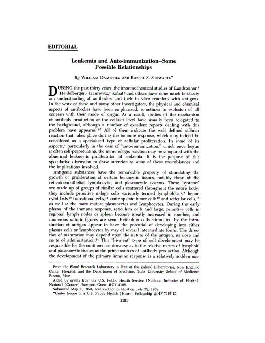 First page of Editorial: Leukemia and Auto-immunization—Some Possible Relationships