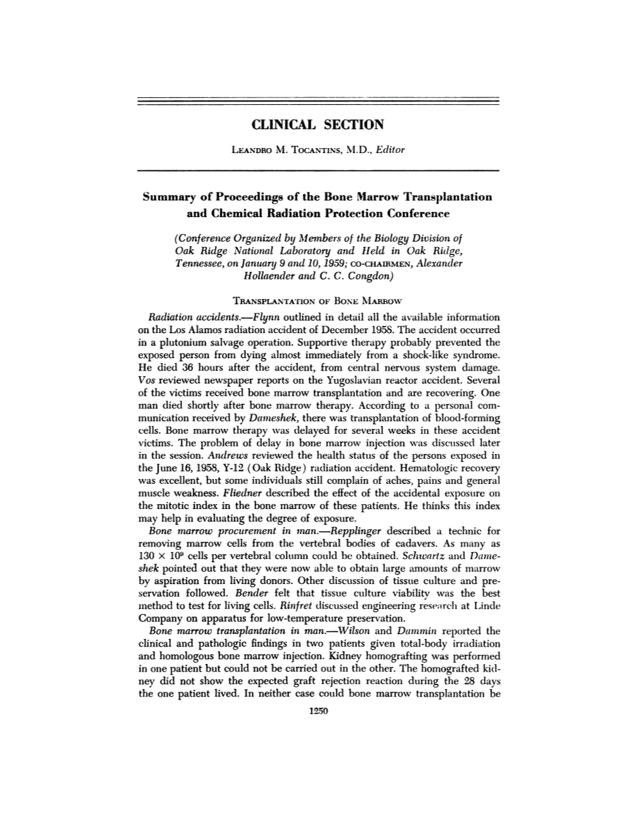 First page of Clinical Section: Summary of Proceedings of the Bone Marrow Transplantation and Chemical Radiation Protection Conference