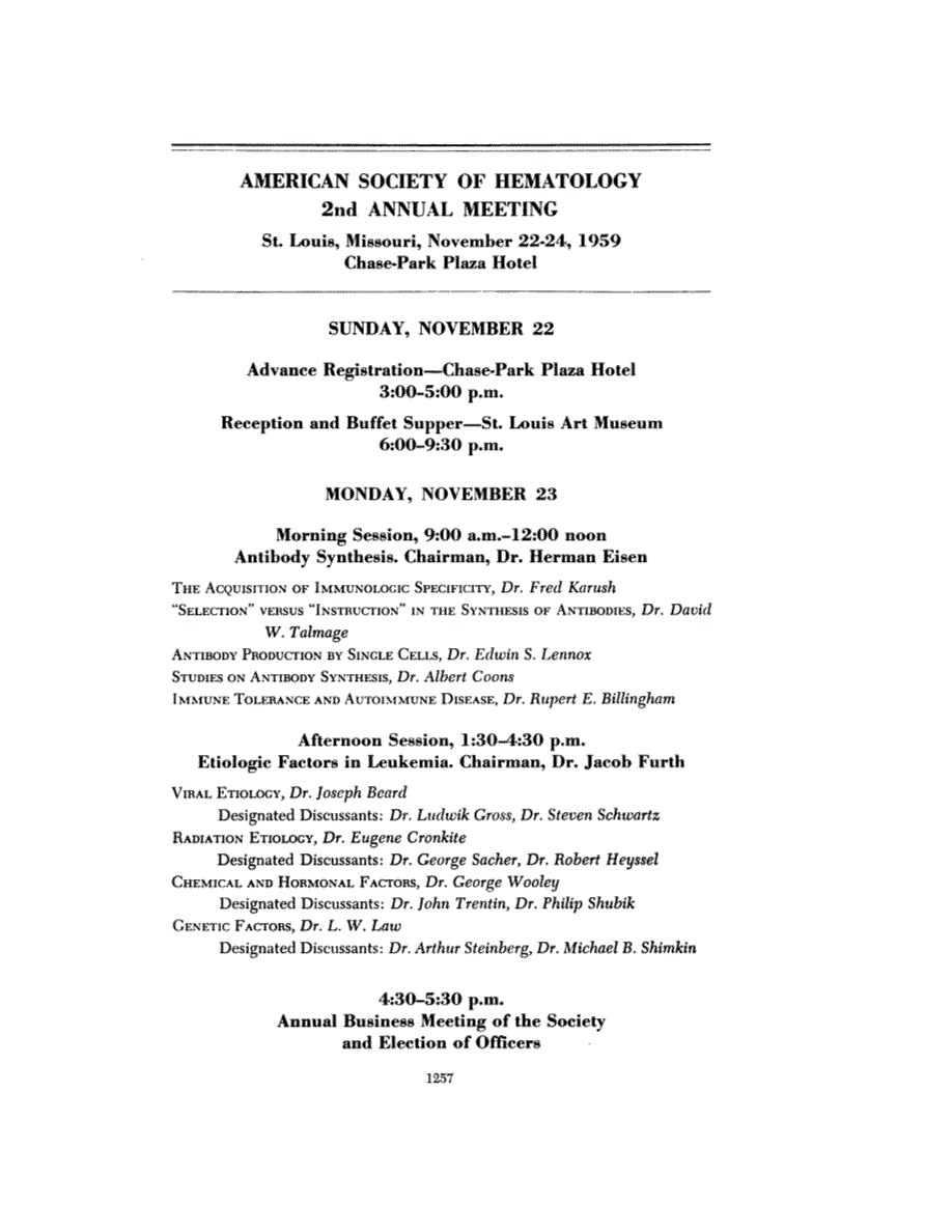 First page of AMERICAN SOCIETY OF HEMATOLOGY 2nd ANNUAL MEETING St. Louis, Missouri, November 22-24, 1959 Chase-Park Plaza Hotel