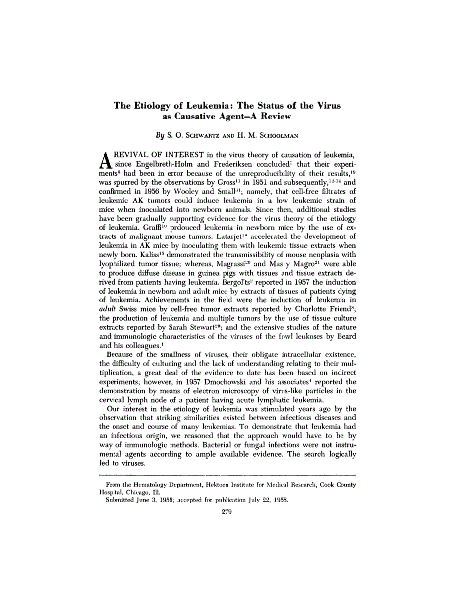 First page of The Etiology of Leukemia: The Status of the Virus as Causative Agent—A Review