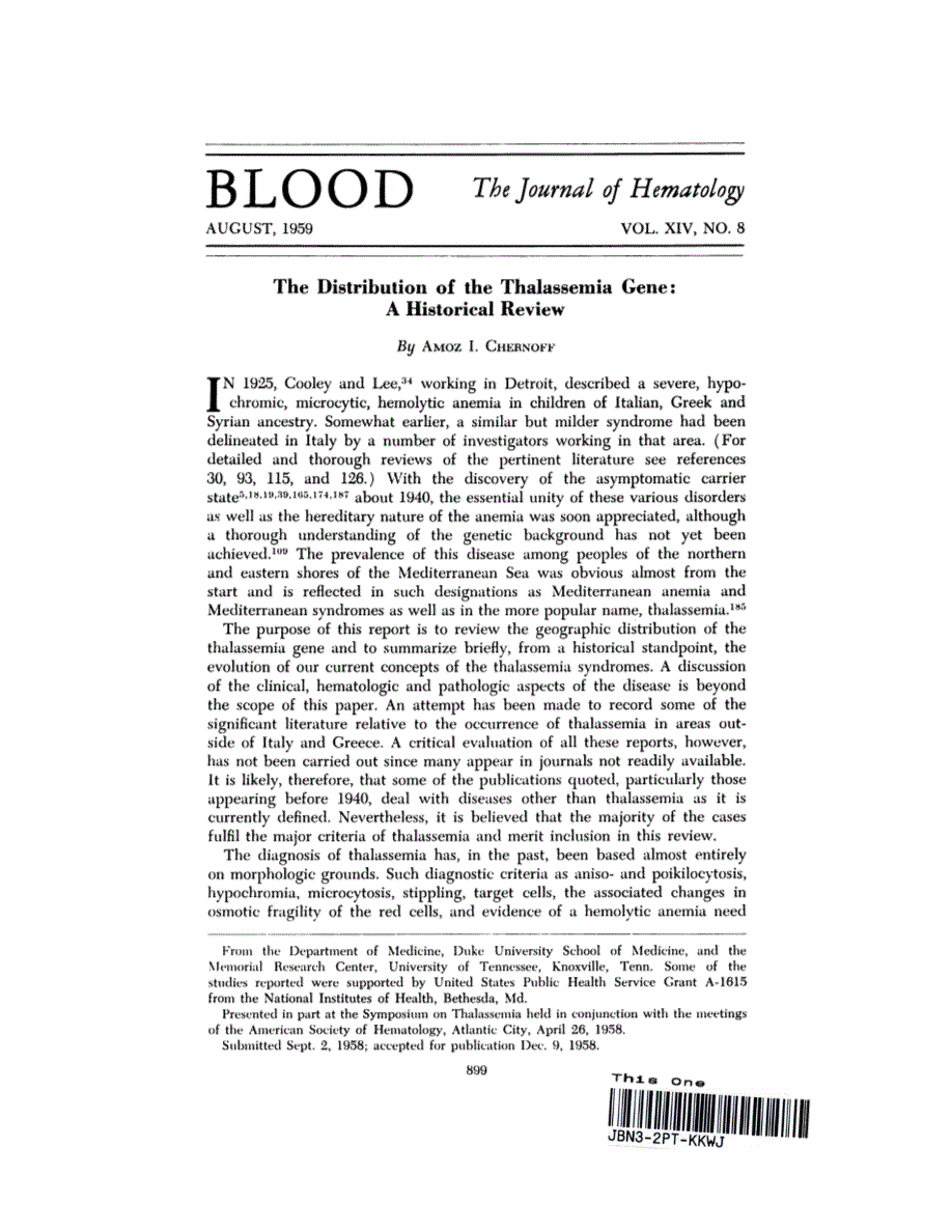 First page of The Distribution of the Thalassemia Gene: A Historical Review