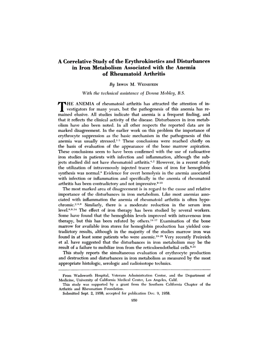First page of A Correlative Study of the Erythrokinetics and Disturbances in Iron Metabolism Associated with the Anemia of Rheumatoid Arthritis