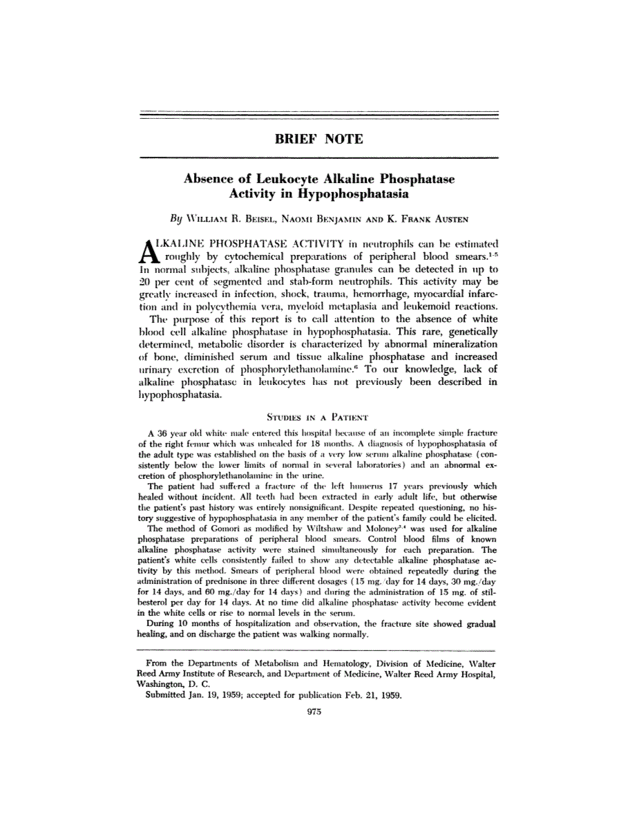 First page of Brief Note: Absence of Leukocyte Alkaline Phosphatase Activity in Hypophosphatasia