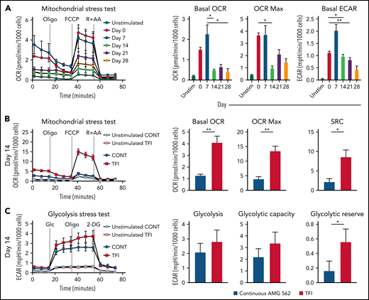 TFIs maintain high T-cell metabolic fitness. (A) Kinetic plot and corresponding bar graphs of normalized OCR obtained during mitochondrial stress test of T cells continuously stimulated with AMG 562; n = 3. (B) Kinetic plot and corresponding bar graphs of normalized OCR obtained during mitochondrial stress test of T cells after 14 days of continuous vs TFI AMG 562 stimulation; n = 5. (C) Kinetic plot and corresponding bar graphs of normalized ECAR obtained during glycolysis stress test of T cells after 14 days of continuous vs TFI AMG 562 stimulation; n = 5. All graphs present mean ± SEM values. Statistical analysis: Kruskal–Wallis and Dunn’s multiple comparison test (A); 2-way ANOVA and Sidak’s multiple comparison test (B-C); *P < .05; **P < .01. ECAR, extracellular acidification rate; OCR, oxygen consumption rate; ±SEM, standard error of the mean; TFI(s), treatment-free interval(s).