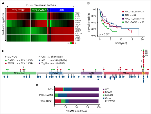 DNMT3A mutations in peripheral T-cell lymphoma entities. (A) Heatmap of the molecular PTCL classification signatures. (B) Kaplan-Meier curve of the OS of PTCL cases included in this study. (C) Lollipop plot of DNMT3A mutations in PTCL-NOS molecular subtypes (top) and PTCLs of TFH origin (bottom). Lollipops represent mutated residues; cases with >1 mutation plotted are identified numerically. Mutations in the dimerization region (S881-R887) past R882 (884, 885, 886, and 887) are stacked above for visual clarity. (D) Graph of the distribution of DNMT3A mutations per PTCL entity.