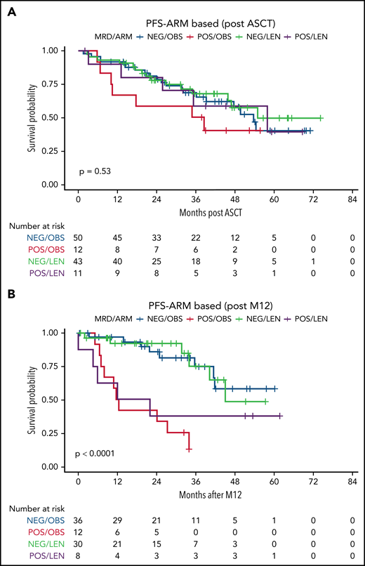 MRD impact on TTP, stratified by randomization arm. MRD was measured by RQ-PCR in BM at different time points: here, the time points after (A) ASCT and (B) M12 are shown. M12, 12 months from ASCT; NEG, negative; POS, positive.
