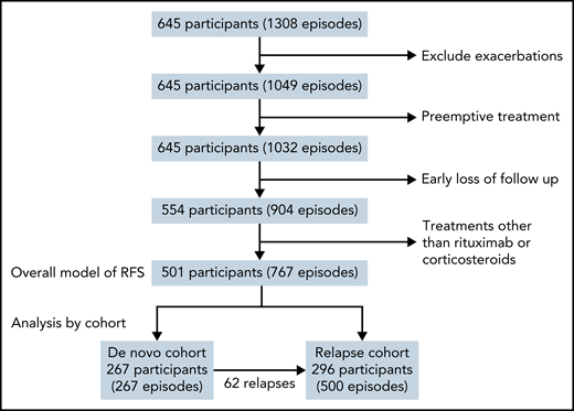 Study cohort. A total of 645 participants in the USTMA Consortium iTTP Registry had a confirmed diagnosis with ADAMTS13 deficiency. An exacerbation was counted as a continuation of the iTTP episode that preceded it. We excluded episodes preceded by preemptive therapy (n = 17), patients lost to follow-up, and patients who received therapy other than corticosteroids or rituximab.