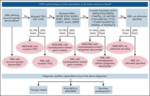 Hierarchical classification of the International Consensus Classification of AML. The classification is hierarchical (ie, AML with recurrent genetic abnormalities takes precedence over all other categories); among the remaining categories, AML with mutated TP53 supersedes AML with myelodysplasia-related gene mutations, and the latter supersedes AML with myelodysplasia-related cytogenetic abnormalities. aMyeloblasts, monoblasts, and megakaryoblasts are included in the blast count. Monoblasts and promonocytes, but not abnormal monocytes, are counted as blast equivalents in AML with monocytic or myelomonocytic differentiation, and promyelocytes in the setting of PML::RARA or variant RARA rearrangement. Cases with prior diagnosis of MPN are excluded and are classified as accelerated (10%-19% blasts) or blast phase (≥20% blasts) MPN. For patients who already have a history of MDS/MPN (eg, CMML), the diagnosis of MDS/MPN should be retained until there are ≥20% blasts/blast equivalents; however, once an AML-defining recurrent genetic abnormality (eg, KMT2A rearrangement or NPM1 mutation) is detected and the blast count is ≥10%, AML-type therapy is recommended. bAML-defining recurrent genetic abnormalities are t(15;17)(q24.1;q21.2)/PML::RARA; t(8;21)(q22;q22.1)/RUNX1::RUNX1T1; inv(16)(p13.1q22) or t(16;16)(p13.1;q22)/CBFB::MYH11; t(9;11)(p21.3;q23.3)/MLLT3::KMT2A; t(6;9)(p22.3;q34.1)/DEK::NUP214; inv(3)(q21.3q26.2) or t(3;3)(q21.3;q26.2)/GATA2, MECOM(EVI1); mutated NPM1; in-frame bZIP mutated CEBPA; t(9;22)(q34.1;q11.2)/BCR::ABL1; other recurrent rearrangements involving RARA, KMT2A, MECOM, and other rare rearrangements as listed in Table 1. The entity is named with the specific genetic abnormality. Cases with BCR::ABL1 rearrangement and 10% to 19% blasts are classified as CML in accelerated phase, and cases with history of CML and ≥20% blasts are classified as CML in myeloid blast phase. cExamples how to append diagnostic qualifiers: AML with myelodysplasia-related cytogenetic abnormality, therapy-related; AML with myelodysplasia-related gene mutation, prior myelodysplastic syndrome; AML with myelodysplasia-related gene mutation, germline RUNX1 mutation (ie, gene or syndrome should be specified).