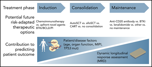 MRD for predicting outcome in MCL. AlloSCT, allogeneic stem celltransplant; autoSCT, autologous stem cell transplant; BCL2i, BCL2 inhibitor; BTKi, Bruton tyrosine kinase inhibitor; CART, chimeric antigen receptor T cell; PI, proteasome inhibitor.