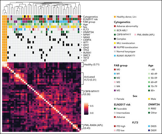 Phosphoproteomic analysis of AML samples reveals associations with some initiating events and with FLT3 mutations. Unsupervised clustering of phosphoproteomic data from 44 AML samples and 3 healthy control bone marrow samples using the unweighted pair group method with arithmetic mean algorithm. The heatmap shows Pearson correlation of total phosphosite abundance between each patient. Clinical correlates are noted as in Figure 1.