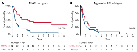 Overall survival. KIR3DL2+ (blue) vs KIR3DL2− (red) patients with all subtypes of ATL (A) and with aggressive ATL subtypes (acute and lymphoma types) (B).