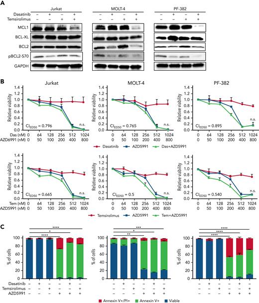 Combination dasatinib and temsirolimus inhibits MCL-1 expression. (A) Western blot analysis of Jurkat, MOLT-4, and PF-382 T-ALL cells following drug treatment for 120 hours. Representative blot from 3 biological replicates. GAPDH expression used as loading control. (B) Dose-response curves following single drug and combination therapy. Dasatinib, temsirolimus, and MCL-1 inhibitor AZD5991 after 24 hours of treatment and assessed by CellTiter-Glo. Combination indexes for ED50 concentrations are shown (not significant if ≥0.5). (C) AZD5991 potently kills T-ALL cells after 4 days of treatment. AZD5991 (250 nM), dasatinib (500 nM), and temsirolimus (2 μM). Error bars ± SEM. n = 3 samples/data point. ∗P < .05; ∗∗P < .01; ∗∗∗P < .001; ∗∗∗∗P < .0001 by Student 2-tailed t test.