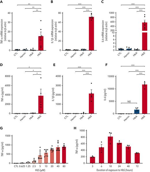 HbS induces proinflammatory cytokine production by human monocytes. (A-C) mRNA expression (relative to β-actin and compared with control) of TNF-α (A), IL-1β (B), and IL-6 (C) by human monocytes from healthy blood donors (n = 6), in culture with HbS (20 μM), HbA (20 μM), or control, after 4 hours (n = 6 per group). (D-F) Levels of TNF-α (D), IL-1β (E), and IL-6 (F) in the cell culture supernatant of human monocytes from healthy blood donors (n = 4), in culture with HbS (20 μM), HbA (20 μM), or control, after 18 hours (n = 4 per group). (G-H) Levels of TNF-α in the cell culture supernatant of human monocytes from healthy blood donors (n = 3 to 6 per group), in culture with HbS or control, after 18 hours, at increasing HbS concentrations of 0.625, 1.25, 2.5, 5, 10, 20, 40, and 80 μM (G) and after increasing time of culture with HbS at a concentration of 20 μM (H). ∗∗∗P < .001; ∗∗P < .01; ∗P < .05 by one-way ANOVA. CTL, control; NS, nonsignificant.