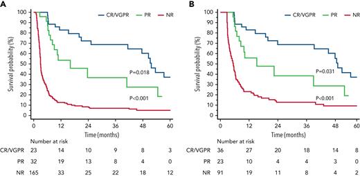 Hematologic response at 30 and 90 days in stage IIIb AL amyloidosis. Survival according to the depth and quality of hematologic response at 30 days from treatment initiation: CR/VGPR median survival, 52 months; PR median survival, 16 months; and NR median survival, 3 months. (A) Survival according to the depth and quality of hematologic response at 90 days from treatment initiation: CR/VGPR median survival, 52 months; PR median survival, 16 months; and NR median survival, 6 months. (B) A 30- and 90-day landmark analysis was performed.