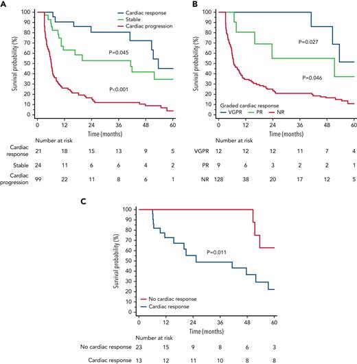 Early cardiac response (90 days) in stage IIIb AL amyloidosis. Survival in patients with a cardiac response (median survival, 54 months), cardiac stable disease (median survival, 20 months), or cardiac progression (median survival, 6 months). (A) Survival according to depth of cardiac response: cardiac VGPR (median survival, 92 months), cardiac PR (median survival, 24 months), and cardiac NR (median survival, 6 months). (B) Survival according cardiac response in patients who attained a profound hematologic response (ie, at least VGPR). (C) Ninety-day landmark analysis was performed.