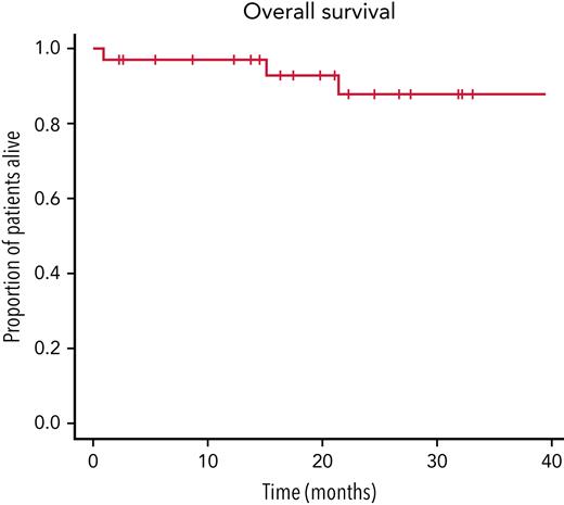 Overall survival of the cohort treated with CyDRi. Kaplan-Meier curve was plotted for the entire cohort (N = 32). Median follow-up was 779.5 (range, 27-3319; IQR, 455.5-1868.2) days. For each patient, day 1 was the day of first admission, which was typically also day 1 of the first cycle of CyDRi.
