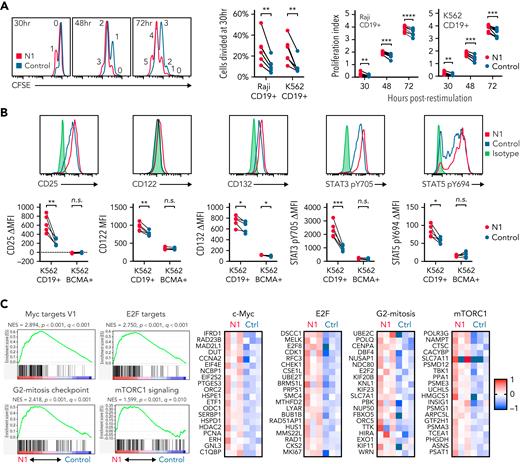 N1 CD4+ CAR-T proliferate more than control CD4+ CAR-T in response to CD19+ tumor. (A) CFSE dilution by CD19-specific N1 and control CD4+ CAR-T after coculture with irradiated CD19+ Raji or K562 tumor cells. Left: flow cytometry plots are representative of 6 to 9 donors per timepoint. Percent cells divided (middle) and proliferation index (average number of divisions) at various timepoints after stimulation (right) are shown for individual donors. Paired Student 2-tailed t test. ∗∗P < .01; ∗∗∗P < .005; ∗∗∗∗P < .001. (B) Expression of IL-2R chains, STAT3 pY705, and STAT5 pY694 in CD19-specific N1 and control CD4+ CAR-T after 24 hours of coculture with CD19+ or CD19−/BCMA+ K562 tumor cells. Top: histograms depict expression following CD19+ K562 restimulation representative of 5 donors. Bottom: IL-2R and phosphoSTAT expression in CAR-T following coculture with CD19+ or CD19− BCMA+ tumor cells. Ratio-paired Student 2-tailed t test. ∗P < .05; ∗∗P < .01; ∗∗∗P < .005. (C) Left: GSEA of RNAseq data generated from FACS-isolated CD19-specific N1 and control CD4+ CAR-T after 24 hours of coculture with CD19+ K562 tumor cells. Right: heatmaps depict log2(normalized count/global average) for leading edge genes. Significance was established at P and q both <.05 after correction for multiple hypothesis testing. See also supplemental Tables 3 and 4. Ctrl, control; NES, normalized enrichment score.