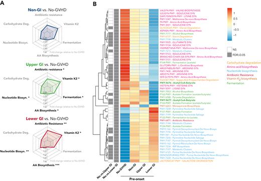 GVHD patients present distinct preonset predicted PICRUSt pathways. (A) Radar chart representation of PICRUSt predicted functional pathway relative abundance from patients without GVHD and GVHD patients at preonset. Relevant pathways belonged to 6 main metabolic categories: carbohydrate degradation, nucleotide biosynthesis, amino acid biosynthesis, antibiotic resistance, vitamin K2 biosynthesis, and fermentation. Axis represents fold change relative to no-GVHD patients. (B) Heat map with hierarchical clustering of statistically significant (FDR P ≤ .05) unique PICRUSt pathways. Figure displays pathways found in a minimum of 5% samples within all groups. UGI and LGI GVHD patients show increased pathways associated with general antibiotic resistance, vitamin K2 metabolism, and nucleotide biosynthesis, with reduced representation related to amino acid biosynthesis compared with no-GVHD patients. There was reduced presence of butyrate-producing specific pathways in LGI patients (bold). ∗FDR P ≤ .05; ∗∗FDR P ≤ .01; ∗∗∗FDR P ≤ .001. NS, not significant.