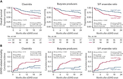 Preonset GVHD clostridia abundance, butyrate producers, and S/F anaerobe ratio predicts survival in allo-HCT patients. OS (A) and GVHD-related mortality (B). Patients were stratified according to the median relative abundances of class Clostridia, butyrate producers, and S/F anaerobe ratio prior to GVHD onset. Figure shows univariable (UVA) and multivariable (MVA) tests of associations for microbial determinants as binary or continuous variables. The proportional hazards multivariable regression models (OS) and the Fine and Gray multivariable regression models (GVHD-related mortality) were adjusted for sex, age, and conditioning regimen. Data corroborates the association of higher relative abundance of butyrate-producing bacteria and S/F ratio to increased OS and reduced GVHD-related mortality.