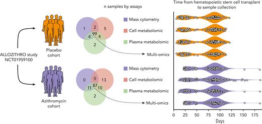 Overview of the samples studied according to omics assays. Frozen peripheral mononuclear blood cells, plasma and cell pellets from patients included in the double-blinded ALLOZITHRO study were retrieved from the national CRYOSTEM biobank. All samples were collected after allogeneic hematopoietic stem cell transplantation, either at the time of acute graft vs host disease or at the nearest visit by day 100. Patients’ characteristics and outcomes are depicted in supplemental Table 1 and supplemental Figure 2.