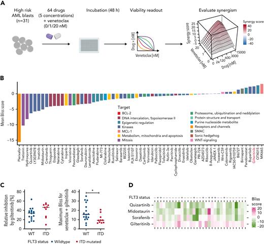 High-throughput drug screening approach identifies gilteritinib as a synergistic combination partner for venetoclax. (A) Experimental setup of the drug screening approach. A total of 31 high-risk AML patient samples were treated with venetoclax (0, 1, and 20 nM) with 64 different drugs in 5 different concentrations for 48 hours. Maximum concentrations used in the drug screen were 50% inhibitory concentrations found in literature; all other concentrations were deduced from division steps by 5. Viability was determined as a readout using CellTiter-Glo, and synergism scores (Bliss and zero interaction potency) were calculated using the synergyfinder R package (version 2.4.13).21 (B) Waterfall plot of mean Bliss scores of all drugs combined with venetoclax (calculated as the mean over all Bliss scores reached with each drug in 5 concentrations combined with venetoclax in 2 concentrations). Bliss synergy score was calculated as described by Bliss et al.19 Colors indicate targets of the respective drugs. Waterfall plot is shown for all primary AML samples (n = 31). (C) RI reached by gilteritinib monotherapy (left) and maximum Bliss synergy scores for venetoclax-gilteritinib reached in all tested concentrations (right) in FLT3 ITD mutated (n = 10) or FLT3 wild-type (WT; n = 17) samples. RI scores were computed according to the area under the curve of the viability curves. The RI scores indicate the proportion of the maximum possible inhibition of each drug independent of a single concentration. Mean RI and mean maximum Bliss scores, respectively, of individual patient samples are shown. Colors indicate the FLT3 mutational status. Statistical significance was assessed using a 2-tailed Student unpaired t test. (D) Heat map depicting Bliss scores for venetoclax combined with different FLT3 inhibitors in FLT3 WT and FLT3-mutated patient samples. (E) Waterfall plot of mean Bliss scores of all drugs combined with venetoclax (calculated as the mean over all Bliss scores reached with each drug in 5 concentrations combined with venetoclax in 2 concentrations). Bliss synergy score was calculated as described by Bliss et al.19 Colors indicate targets of the respective drugs. Waterfall plot is shown for the subgroup of patients with TP53 mutations obtained at first diagnosis (n = 6). (F) Bliss synergy scores of venetoclax in combination with gilteritinib, azacitidine, cytarabine, and daunorubicin, respectively, in a patient sample with TP53 mutation and FLT3 WT. Colors indicate synergism calculated as described by Bliss et al.19 Synergy scores of ≥0 are regarded as synergistic. ∗P ≤ .05. ITD, internal tandem duplication.