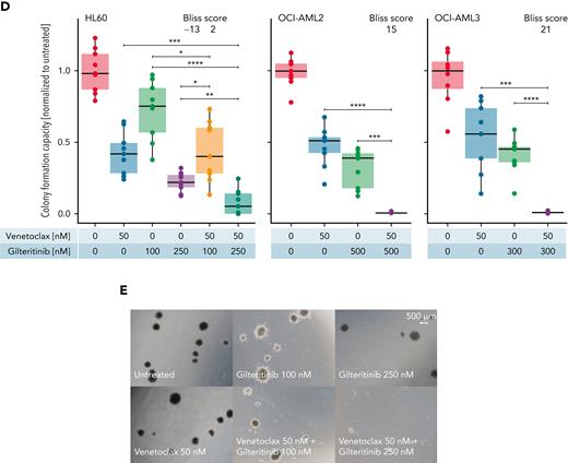 Combination of venetoclax-gilteritinib reduces viability, increases apoptosis, and diminishes colony-formation capacity in FLT3 wild-type samples. (A) Dose-response assay for HL60 (left) and OCI-AML2 (right) cells treated with indicated concentrations of venetoclax and gilteritinib for 48 hours. Viability was assessed by staining with MTS reagent and was normalized to untreated controls. Data are presented as mean ± standard deviation (SD) of 3 technical replicates of 1 representative independent experiment (n = 3). (B) Percentage of apoptotic cells was measured by flow cytometry in HL60 and OCI-AML2 cells 24 hours after treatment with venetoclax (0, 10, and 100 nM) and gilteritinib (0 and 500 nM) upon staining with annexin V antibody and PI. Data are presented as mean ± SD of 2 independent experiments comprising 2 technical replicates each. Statistical significance was assessed using a 2-tailed Student unpaired t test. Bliss scores are given in a range of −100 to 100, with 100 as maximum Bliss score. (C) Representative images of fluorescence-activated cell sorting analysis of OCI-AML2 after 24 hours of treatment with gilteritinib (0 and 500 nM) and venetoclax (10 and 100 nM). (D) Effect of venetoclax and gilteritinib on colony-formation capacity of HL60, OCI-AML2, and OCI-AML3 cells was assessed by seeding cells in methylcellulose supplemented with the respective drugs for 10 days. Data of 3 independent experiments with 3 technical replicates each are presented. Bliss scores are given in a range of −100 to 100, with 100 as maximum Bliss score. (E) Representative microscopic images of colony-formation assays using HL60 cells treated with indicated concentrations of venetoclax and gilteritinib for 10 days. ∗P < .05, ∗∗P < .005, ∗∗∗P < .0005, ∗∗∗∗P < .00005.