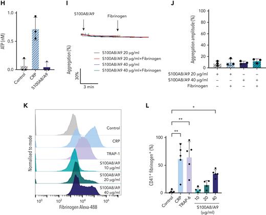 Recombinant S100A8/A9 induces human platelet activation in vitro. Human washed platelets (106 platelets/condition) were incubated with different concentrations of recombinant heterodimeric S100A8/A9 (10, 20, and 40 μg/mL) for 30 minutes at 37°C. (A-B) Platelet activation was determined by flow cytometry using anti–P-selectin antibody. (A) Representative plots from a healthy donor; histograms normalized to mode (each peak normalized to its mode for each condition). (B) Percentage of CD41+P-selectin+ platelets. (C) The percentage of platelet-neutrophil aggregates (CD66b+/CD41+) in whole blood after addition of S100A8/A9 for 30 minutes at 37°C (n = 7). Blood was diluted 1:5. (D) Anti-CD41/CD61 PAC-1 antibody (against activated GPIIb/IIIa) binding to platelets was assessed by flow cytometry and presented as percentage of CD41+ platelets positive for PAC-1 (n = 17). (E-F) Washed platelets (2×108/mL) were incubated with S100A8/A9 (40 μg/mL) or CRP (10 μg/mL), and platelet aggregation was assessed for 20 minutes by light transmission aggregometry (n = 3). (G-H) Washed platelets (2 × 108/mL) were incubated with S100A8/A9 (40 μg/mL) or CRP (10 μg/mL), and ATP generation was assessed for 6 minutes with the CHRONO-LUME luciferin:luciferase assay kit from Chronolog (n = 3). (E,G) Representative traces. (I-J) Washed platelets (2 × 108/mL) were incubated with S100A8/A9 (20 μg/mL or 40 μg/mL) for 6 minutes under stirring condition followed by the addition of exogenous fibrinogen (200 μg/mL). Platelet aggregation was assessed for 6 minutes by light transmission aggregometry (n = 3). (K-L) Alexa-Fluor 488-labeled fibrinogen binding to platelets. (K) Representative plot for fibrinogen binding. (L) Percentage of platelets positive for fibrinogen-Alexa Fluor 488, CRP (10 μg/mL) and TRAP-6 (100 μM) were used as positive control. Data are shown as mean ± SD. The statistical significance was analyzed using ordinary one-way ANOVA. ∗P < .05, ∗∗P < .005, ∗∗∗P < .001, ∗∗∗∗P < .0001.