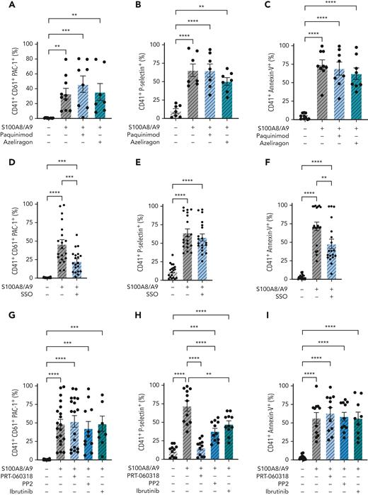 CD36 blockade partially decreases GPIIb/IIIa activation and PS exposure, whereas immunoreceptor tyrosine-based activation motif receptor inhibition reduces P-selectin expression. Human washed platelets (106 platelets/condition) were incubated with S100A8/A9 (20 μg/mL) with or without different inhibitors for 30 minutes at 37°C. Inhibitors were preincubated with platelets for 10 minutes before addition of S100A8/A9: Paquinimod (blocks S100A9 binding to TLR4) (10 μM), RAGE inhibitor Azeliragon (1 μM), CD36 inhibitor SSO (25 μM), Syk inhibitor PRT-060318 (10 μM), Src inhibitor PP2 (20 μM), and BTK inhibitor Ibrutinib (500 nM) were used. Platelet activation was determined by flow cytometry using (A,D,G) anti-CD41/CD61 PAC-1 antibody, (B,E,H) anti–P-selectin antibody, and (C,F,I) annexin-V binding. Data are shown as the percentage of platelets positive (CD41+) for these markers. Data are shown as mean ± SD. Statistical significance was analyzed using ordinary one-way ANOVA. ∗P < .05, ∗∗P < .005, ∗∗∗P < .001, ∗∗∗∗P < .0001.