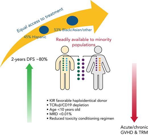 The use of KIR favorable TCRαβ/CD19-depleted haploidentical HSCT leads to 80% DFS at 2 years in pediatric and young adult patients with acute leukemia. The highest rates of success are observed in patients <10 years old and with pre-HSCT MRD < 0.1%. This approach, which has a lower incidence of acute/chronic GVHD and TRM in comparison with other donor cell sources, is particularly relevant for minority populations who have limited donor options. MRD, minimal residual disease; TCR, T-cell receptor.