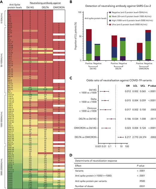 Detection of neutralization antibodies against SARS-CoV-2 variants D614G, Delta, and Omicron. (A) Heatmap summarizes the distribution of antispike antibody levels of each sample tested and their corresponding neutralizing activities against D614G, Delta, and Omicron antibody. (B) Bar chart showing the proportion of samples with positive or negative neutralization, split into 4 stratifications of antispike (anti-S) protein levels. (C) Odds ratio (OR) indicates the differences among patients with antispike levels between <1000 and ≥1000 AU/mL (top), or the differences between strains for those with an antispike protein level >1000 AU/mL (bottom), that is, the odds of a positive neutralizing antibody response against Delta was only 0.186 times the odds of that against D614G. The OR was adjusted for number of doses. (D) Determinants of neutralization response (positive/negative). The overall P values accounted for different variants, number of doses, serological responses (positive/negative), and antispike antibody levels. Antispike antibody levels per variant were not significant; that is, for all 3 variants, the patients with antispike antibody levels ≥1000 AU/mL were always consistently better than those with antispike antibody levels <1000 AU/mL. All other terms are statistically significant (having adjusted for the others). LCL, lower confidence limit; UCL, upper confidence limit.