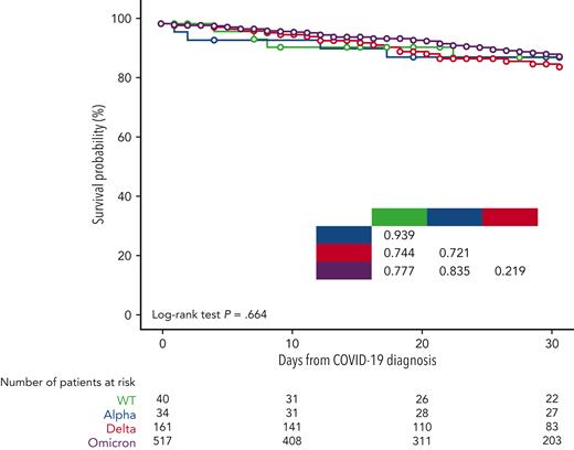 Survival probability by SARS-CoV-2 variant.