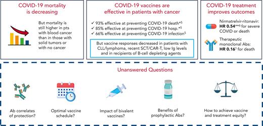 COVID-19 in patients with blood cancer: a snapshot. ∗In post hoc analysis. ∗∗Among high-risk patients. Ab, antibody; CAR-T, chimeric antibody T-cell therapy; CLL, chronic lymphocytic leukemia; hosp, hospitalization; HR, hazard ratio; Ig, immunoglobulin; pts, patients; SCT, stem cell transplant.