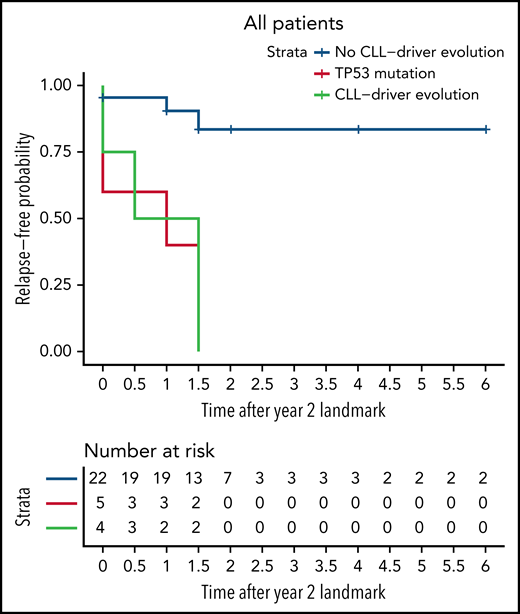 Kaplan-Meier curve showing the probability of relapse-free survival over time. A landmark was set at year 2 to group patients with or without the evolution of subclones containing CLL-relevant mutations up to that point. The red line includes any patient with baseline TP53 mutations, the green line includes patients without baseline TP53 mutations who had at least one evolving CLL-relevant mutation in the first 2 years of treatment, and the blue line includes patients without baseline TP53 mutations or evolving CLL-relevant mutations at year 2. The x-axis represents the relapse-free survival time since the second year of treatment. There is a significant difference in the relapse-free survival of patients who do not have CLL-relevant evolution in the first 2 years compared with those who do (log-rank P = .0004 when comparing the green and blue lines).