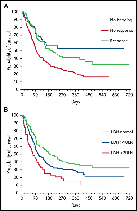 PFS in subgroups. PFS according to (A) bridging response and (B) LDH levels at lymphodepletion.