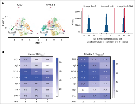 Leukemia induces a unique T-helper/cytotoxic subset that is impacted by nilotinib and anti–PD-L1. (A) UMAP plots showing the CD4+ T-cell subsets stratified by treatment arm. The number of cells in each arm is as follows: n = 1591 cells for arm 1; n = 417 cells for arm 2; n = 1290 cells for arm 3; n = 1692 cells for arm 4; and n = 359 cells for arm 5. (B) Plots showing the proportion of cells in each cluster that came from each treatment arm. Error bars represent 95% confidence intervals generated using a bootstrapping approach. (C) UMAP plots (left) showing the trajectory relationships between clusters via slingshot, stratified by either CD4+ T cells from arm 1 (heat-killed leukemia immunized mice) or arms 2 to 5 (mice with live leukemia). Histogram (right) of permutation test statistics under the null hypothesis (gray bars) and the initial test statistic (red line). Test statistics were calculated as the difference in means of lineage-weighted pseudotime values between CD4+ T cells from arms 2 to 5 (mice with live leukemia) following lineages 1, 2, or 3, relative to CD4+ T cells from arm 1 (heat-killed leukemia). (D) Heat maps showing the proportion of CD4+ T cells in the indicated cluster from the respective treatment arms that express the indicated gene.