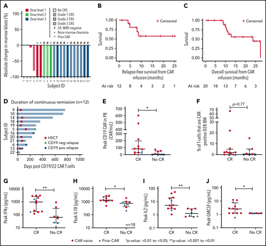 Response, outcomes, CAR expansion, and cytokine levels after CD19.22.BBζ CAR T-cell infusion. (A) Waterfall plot of the best response after CD19.22.BBζ CAR T-cell infusion. Participants were stratified by DL and CRS grade. Bone marrow clearance demonstrates those that were MRD negative by flow cytometry. (B) RFS was calculated from the date of CAR infusion until the date of relapse or last follow-up among those who went into complete remission and was not censored for HSCT. The 6- and 12-month RFS was 80.8% (95% CI: 42.4%-94.9%) and 57.7% (95% CI: 22.1%-81.9%), respectively. (C) OS was calculated from the date of CAR infusion until the date of death or last date of follow-up. The 6- and 12-month OS was 100% and 63.0% (95% CI: 35.4%-81.4%) respectively. (D) Duration of continuous remission among patients who achieved a CR. Shown are duration of remission, time to transplant if applicable, and time of relapse denoted as either antigen negative or antigen positive. (E) Peak CAR T-cell expansion in the PB assessed as absolute CAR T cells based on the percent of absolute lymphocyte count that was CAR T cell positive and stratified by CR vs no CR, and patients who were CAR naïve and CAR pretreated are denoted. (F) Peak percentage of CAR T cells in the bone marrow at day 28 assessment stratified by CR vs no CR, and patients who were CAR naïve and CAR pretreated are denoted. (G-J) Comparison of peak cytokine values of IFNγ, IL18, IL2, and GM-CSF between CR and no CR, with CAR naïve denoted with a red circle and CAR pretreated denoted with a blue triangle.