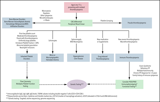 Algorithm for the diagnostic evaluation of thrombocytopenia in children. CBC, complete blood count; MDS, myelodysplastic syndrome; PIDD, primary immune deficiency disorder; PIRD, primary immune regulatory disease.