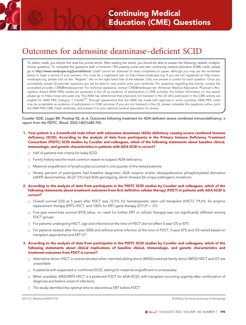 First page of Outcomes for adenosine deaminase–deficient SCID