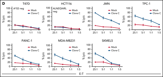 Phage library screen discovers an ALNEQIARL-specific scFv with efficacy against various cancer cell lines in CAR T-cell format. (A) Phage library screen procedure. (B) Characterization of six NDC80 CAR T-cell clones (ie, A-F) against peptide pulsed T2 cells. (C) Efficacy and specificity of NDC80-clC CAR T cells against hematologic cancer cell lines. (D) Efficacy and specificity of NDC80-clC CAR T cells against nonhematologic cancer cell lines. Error bars in panels B through D denote standard deviation. FACS, fluorescence-activated cell sorter; E:T, effector-to-target ratio.