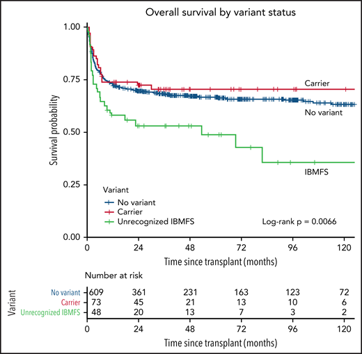 Overall survival by variant status. Kaplan-Meier curve comparing 3 groups of patients, those with a previously unrecognized IBMFS (green), carriers (red), and those with no variants (blue).