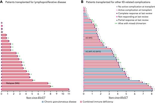 Evolution of disease following alloSCT. (A) Evolution of patients who received a transplant with previous lymphoproliferative disease by status of malignancy at alloSCT. All patients had CID (n = 22). Two patients were alive in complete remission with mixed chimerism at last review. (B) Evolution of patients who received a transplant with no prior lymphoproliferative disease by status of IEI-related complication at alloSCT. Patients had CID (n = 36, light gray) or CGD (n = 20 patients, dark gray). Twelve patients were alive with mixed chimerism at last review, of whom 6 were in complete remission. Arrows and circles indicate living patients and mixed chimerism, respectively, at last review. The letter A indicates subsequent alloSCT performed 5, 7, and 10 months after the first alloSCT, respectively.