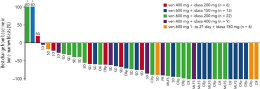 Best percent BM blast reduction and individual patient best responses. ∗Best percent change from baseline in BM blasts is >100. PR, partial response; RD, refractory disease; SD, stable disease.