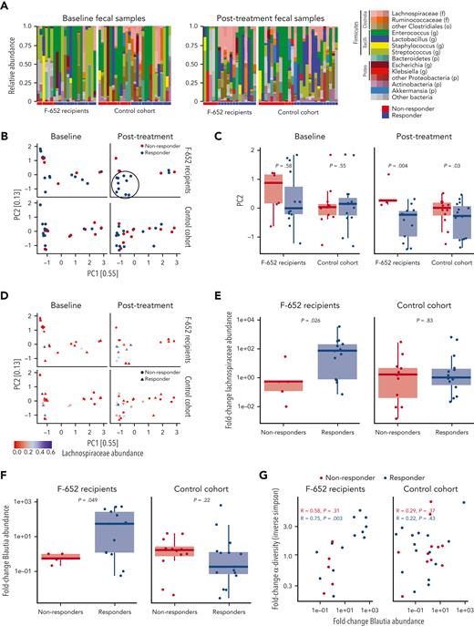 Fecal microbiota analyses before and after treatment of lower GI aGVHD. (A) Overall microbiota composition in recipients of F-652 and corticosteroids (n = 22 patients) or corticosteroids alone (n = 27 patients). At baseline, microbial dysbiosis was present in all cohorts. Posttherapy, fecal samples from F-652 responders indicated an increased proportion of Lachnospiraceae. (B) PCA plots of microbial composition at baseline and following treatment. No distinct clusters can be found pretreatment in recipients of F-652 plus steroids or recipients of steroids alone. Samples clustering together in recipients of F-652 plus steroids following treatment are highlighted in the circle. (C) Comparison of β-diversity, focusing on PC2, prior to treatment and after GI GVHD treatment. (D) Abundance of Lachnospiraceae shown on the PCA plots of responders and nonresponders before and after GVHD treatment, highlighting enrichment of Lachnospiraceae in the previously identified cluster of F-652 responders. (E) Fold-change in Lachnospiraceae abundance following GVHD treatment, indicating Lachnospiraceae expansion in F-652 responders. (F) Fold-change in Blautia abundance following GVHD treatment, indicating Blautia expansion in F-652 responders. (G) Comparison of changes in Blautia abundance and overall microbial diversity indicates a correlation between the 2 parameters for GVHD patients responding to treatment with F-652 and steroids but not for patients treated with steroids alone.