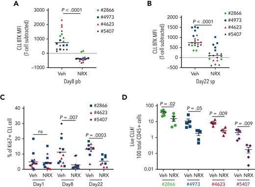Summary of NRX-0492 testing in CLL PDX model. Experimental design as in Figure 5. PBMCs from 4 different patients (represented by unique symbols) were inoculated into NSG mice that were divided to vehicle control (Veh) and NRX-0492 (NRX) treatment groups. Each symbol represents 1 mouse. (A) Mean (± SEM) MFI of AF647-BTK in CLL cells in peripheral blood of mice after 7 days of NRX-0492 treatment. (B) Mean (± SEM) MFI of AF647-BTK in CLL cells from spleens on day 22. (C) Mean (± SEM) percentage of CLL cells expressing Ki67 in peripheral blood before treatment start (Day 1) and after 1 week of treatment and in cells from spleens on day 22. (D) Mean (± SEM) percentage of live CLL cells among CD45+ cells in the spleens on day 22. Statistical analysis by unpaired student t test; ns, not significant.