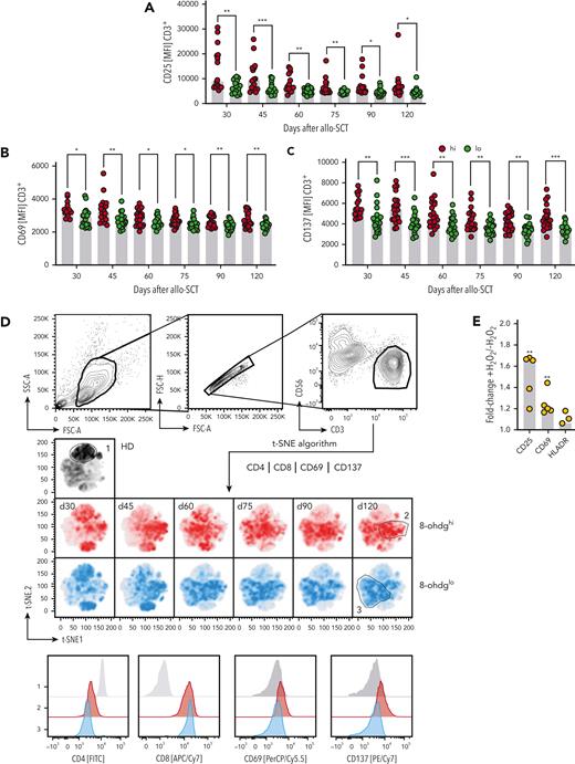 8-OHdGhiT cells display signs of increased activation. (A-C) Levels of the T-cell activation marker CD25, CD69, and CD137 based on the MFI are shown for 8-OHdGhi (n = 22) and 8-OHdGlo (n = 22) CD3+ T cells, as measured at different time points after allo-SCT, using FACS. (D) t-SNE analysis based on CD4, CD8, CD69, and CD137 was performed on concatenated 17 000 CD3+CD56neg T cells gated as representatively shown (top) from HDs and patients who underwent 8-OHdGhi/lo allo-SCT (at all time points after allo-SCT). HD (black) and individual time points of patients who underwent 8-OHdGhi (red) and 8-OHdGlo (blue) allo-SCTs were then plotted based on the calculated variables t-SNE 1 and t-SNE 2 (middle). Representative histograms of CD4, CD8, CD69, and CD137 are shown for characteristic populations of HDs and patients who underwent 8-OHdGhi and 8-OHdGlo allo-SCT (for day +120 after allo-SCT; bottom). (E) HD-derived CD3+ T cells were activated for 72 hours with anti-CD2, anti-CD3, and anti-CD28 beads and treated twice per day with 10 μM H2O2. Expression of CD25, CD69, and HLA-DR was measured as the MFI using FACS (n = 5). Data are expressed as the fold change of expression in T cells pretreated with H2O2 relative to untreated T cells (+H2O2/−H2O2). P value: ∗P < .05; ∗∗P < .01; ∗∗∗P < .001. “n” indicates the sample number; bars represent the standard error of the mean.
